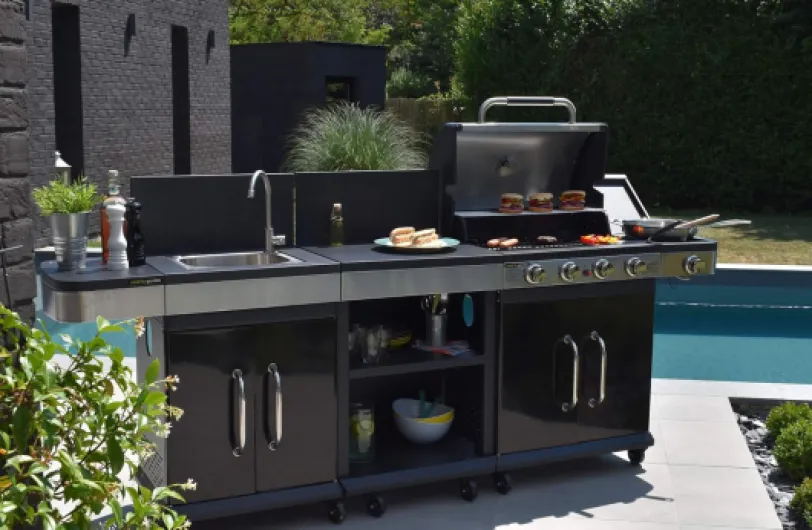 Cook’in Garden - Meuble d’Appoint FIDGI avec Évier Intégré, Compatible Barbecue Gaz FIDGI 3 et 4, Meuble sur Roulettes Facile à Déplacer, Rangement Utile, Idéal Terrasse et Jardin, Noir