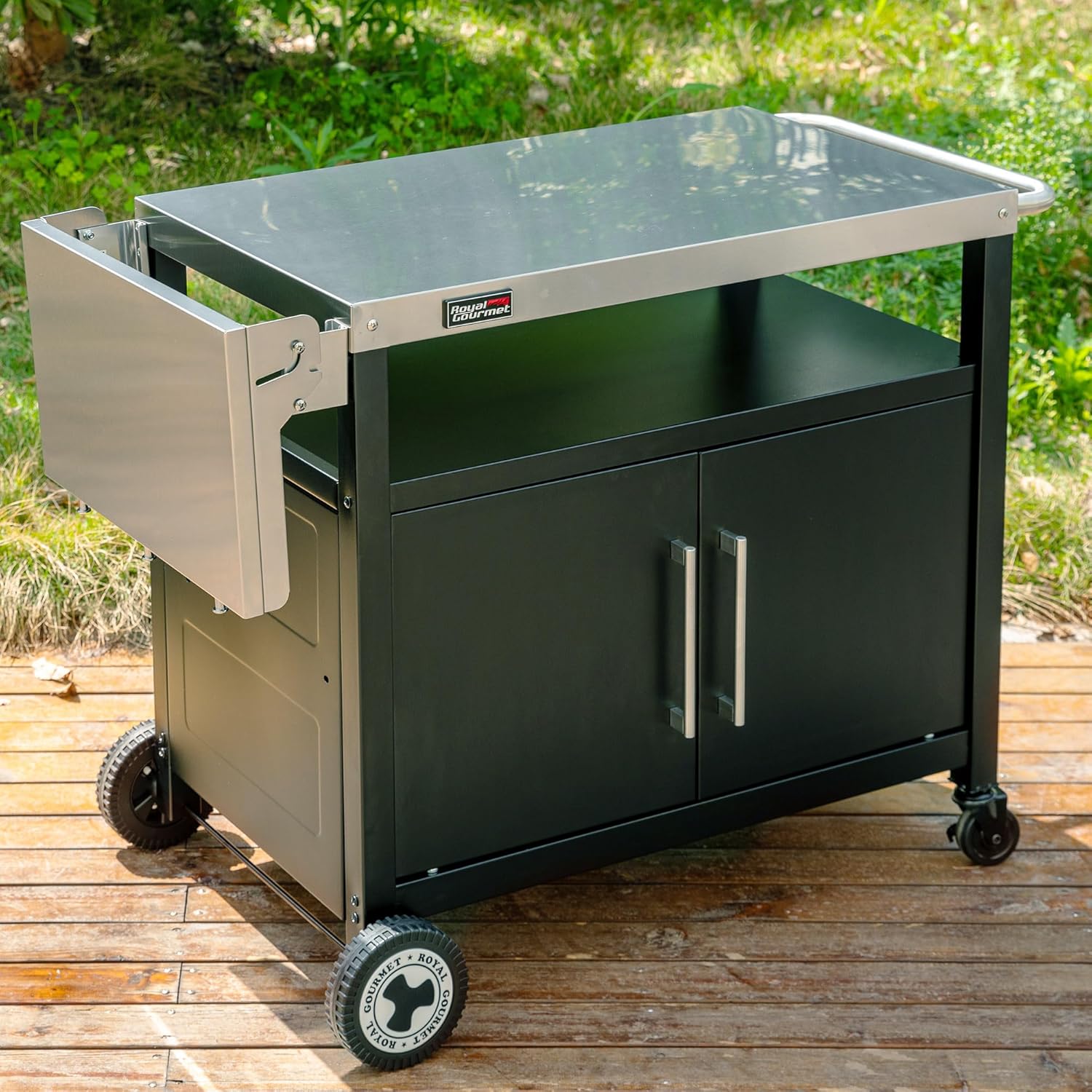 Chariot de Barbecue avec Table latérale Pliable avec poignée pour Serviette, Meuble Bas, Chariot de Barbecue avec Plateau de Table en Acier Inoxydable, Chariot de Service avec roulettes