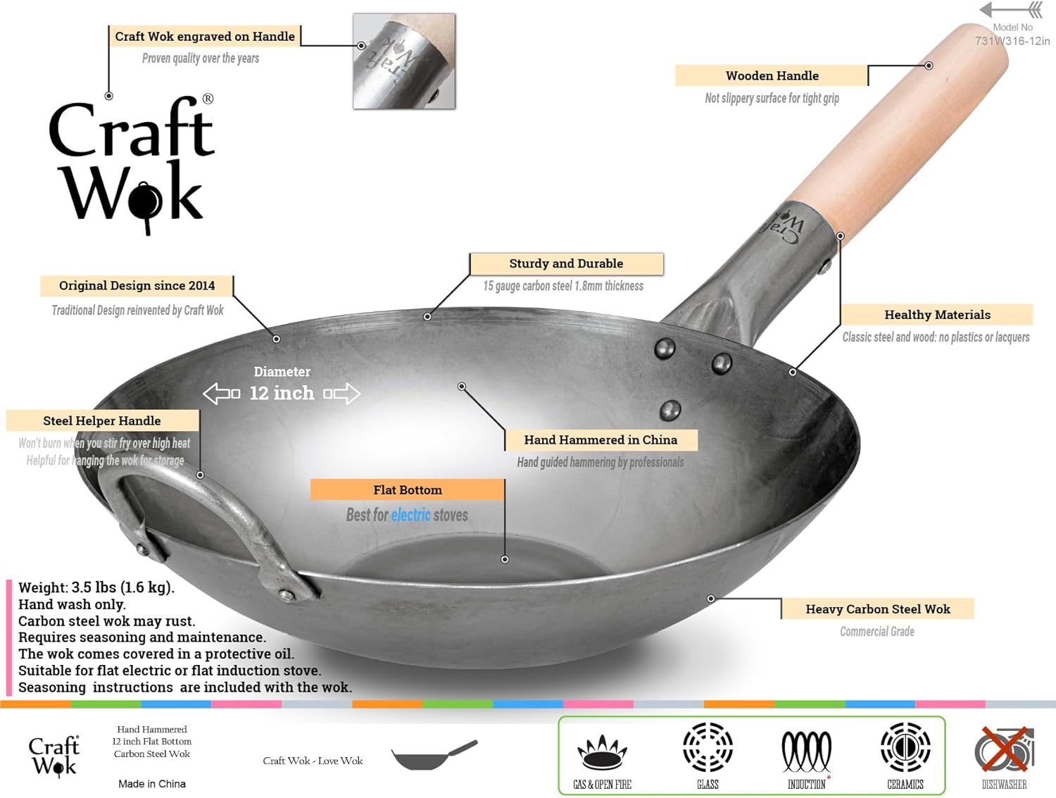 Craft Wok - Pow Wok en acier au carbone martelé à la main avec poignée en bois et en acier (12 pouces 12-inch
