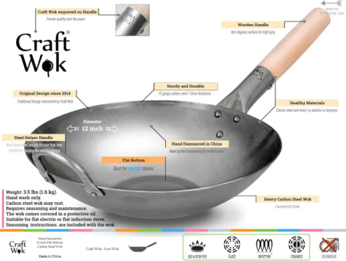 Craft Wok - Pow Wok en acier au carbone martelé à la main avec poignée en bois et en acier (12 pouces 12-inch