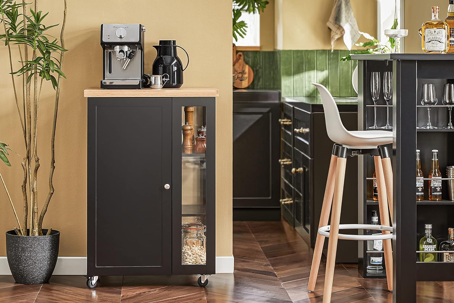 Desserte Cuisine à roulettes avec étagère latérale 60 × 40 × 90 cm - Meuble cuisine avec placard et 2 étagères réglables sur 6 hauteurs, en MDF (E1) et verre, pour la salle à manger, FKW75-SCH Noir