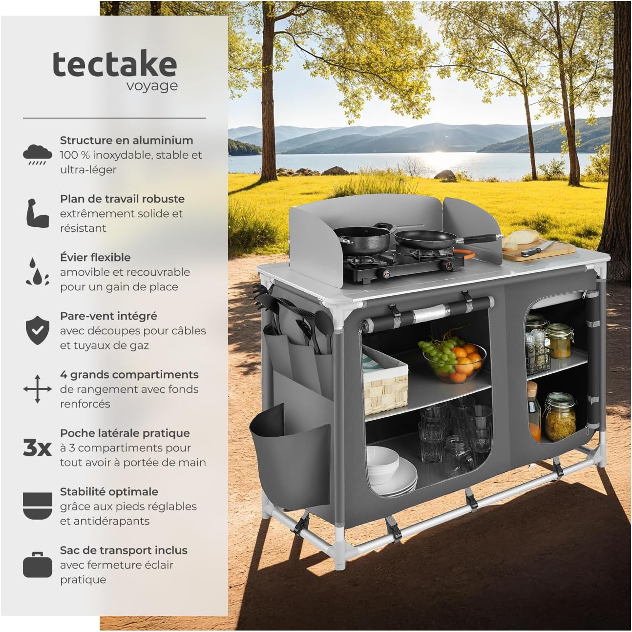 ® Meuble de Rangement Cuisine de Camping Pliable en Aluminium, avec Étagères, Plan de Travail, Pieds réglables, Sac de Transport Inclus, Stockage pour Vaisselle, Accessoires Cuisine, Aliments Type 2 - N° 402920