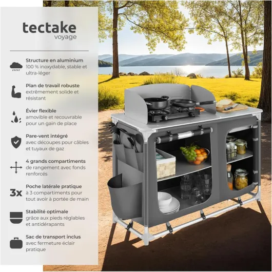 ® Meuble de Rangement Cuisine de Camping Pliable en Aluminium, avec Étagères, Plan de Travail, Pieds réglables, Sac de Transport Inclus, Stockage pour Vaisselle, Accessoires Cuisine, Aliments Type 2 - N° 402920