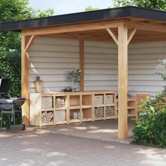 Makastle Armoires de Cuisine d'Extérieur en Bois de Pin Massif, 106 x 55 x 92 cm, Marron, Lot de 3, Design Modulaire