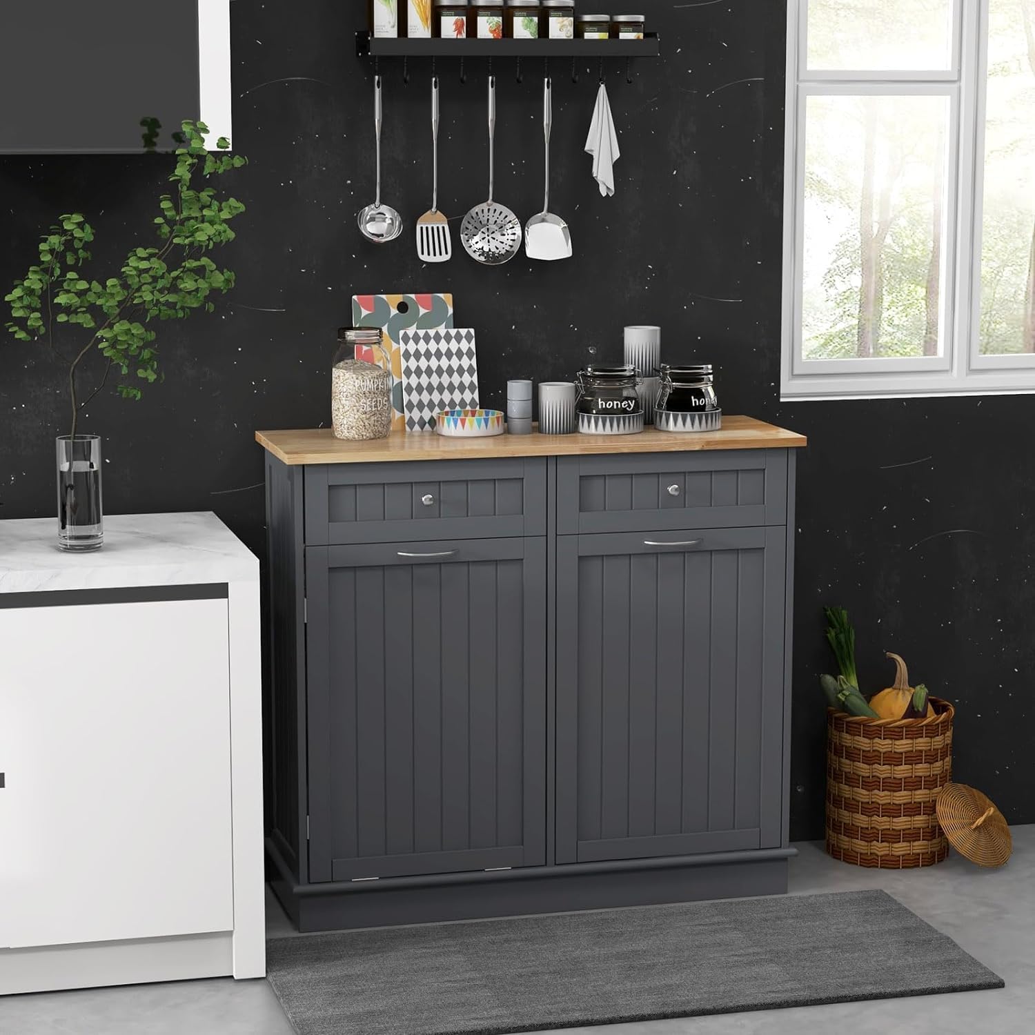 Buffet Cuisine avec 2 Tiroirs Coulissants, 97 x 33 x 90CM, Meuble de Cuisine, Étagère Réglable, Plateau Grand pour Salon, Armoire Inclinable Convient pour Poubelle 42L (Non Inclus) (Gris) 97,5x33,5x90,5cm Gris