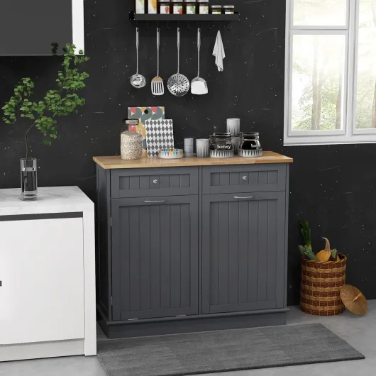 Buffet Cuisine avec 2 Tiroirs Coulissants, 97 x 33 x 90CM, Meuble de Cuisine, Étagère Réglable, Plateau Grand pour Salon, Armoire Inclinable Convient pour Poubelle 42L (Non Inclus) (Gris) 97,5x33,5x90,5cm Gris