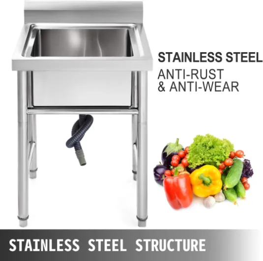 Évier Inox de Cuisine 1 Bac,Évier sur Pieds en Acier Inox 93x61x60cm,Anti-Eclaboussures Lavabo Inox Professionnel pour Faire la Plonge Cuisine de Restaurants,Salle de Bain,Garages,Entrepôts Moderne