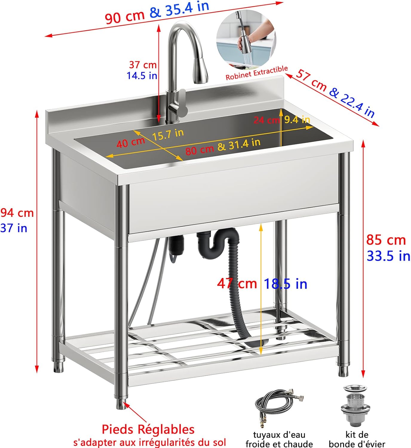 Grand Évier à Autoportant en Acier Inoxydable, 90 cm Évier de Cuisine sur Pied Commercial avec Robinet Extractible, Évier ‎Autonome pour Extérieur, Cuisine, Restaurant, Garage, Buanderie, Jardi