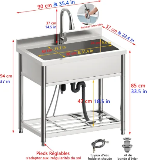 Grand Évier à Autoportant en Acier Inoxydable, 90 cm Évier de Cuisine sur Pied Commercial avec Robinet Extractible, Évier ‎Autonome pour Extérieur, Cuisine, Restaurant, Garage, Buanderie, Jardi