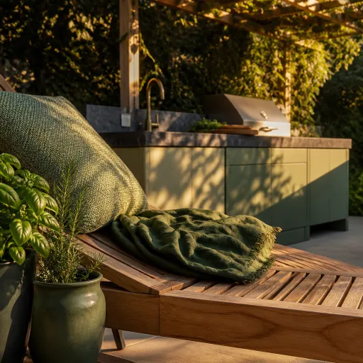 Bain de soleil en teck : l’art d’orchestrer le confort autour de la cuisine extérieure